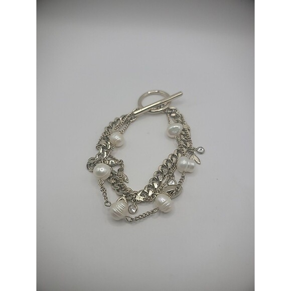 Vintage Bracelet Multi Strand Silver Tone Imitation Pearl Crystals Jewelry - Picture 11 of 11
